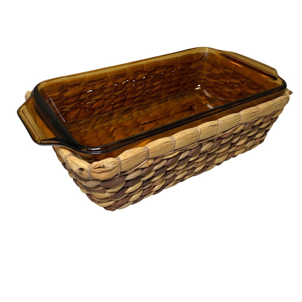 Anchor Hocking 441 Amber Glass Loaf Pan w Woven Basket Cradle 11" USA
